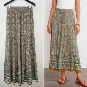 Mixed Floral Print Tiered Stretchy Waist Flowy Boho Pleated Maxi Skirt
